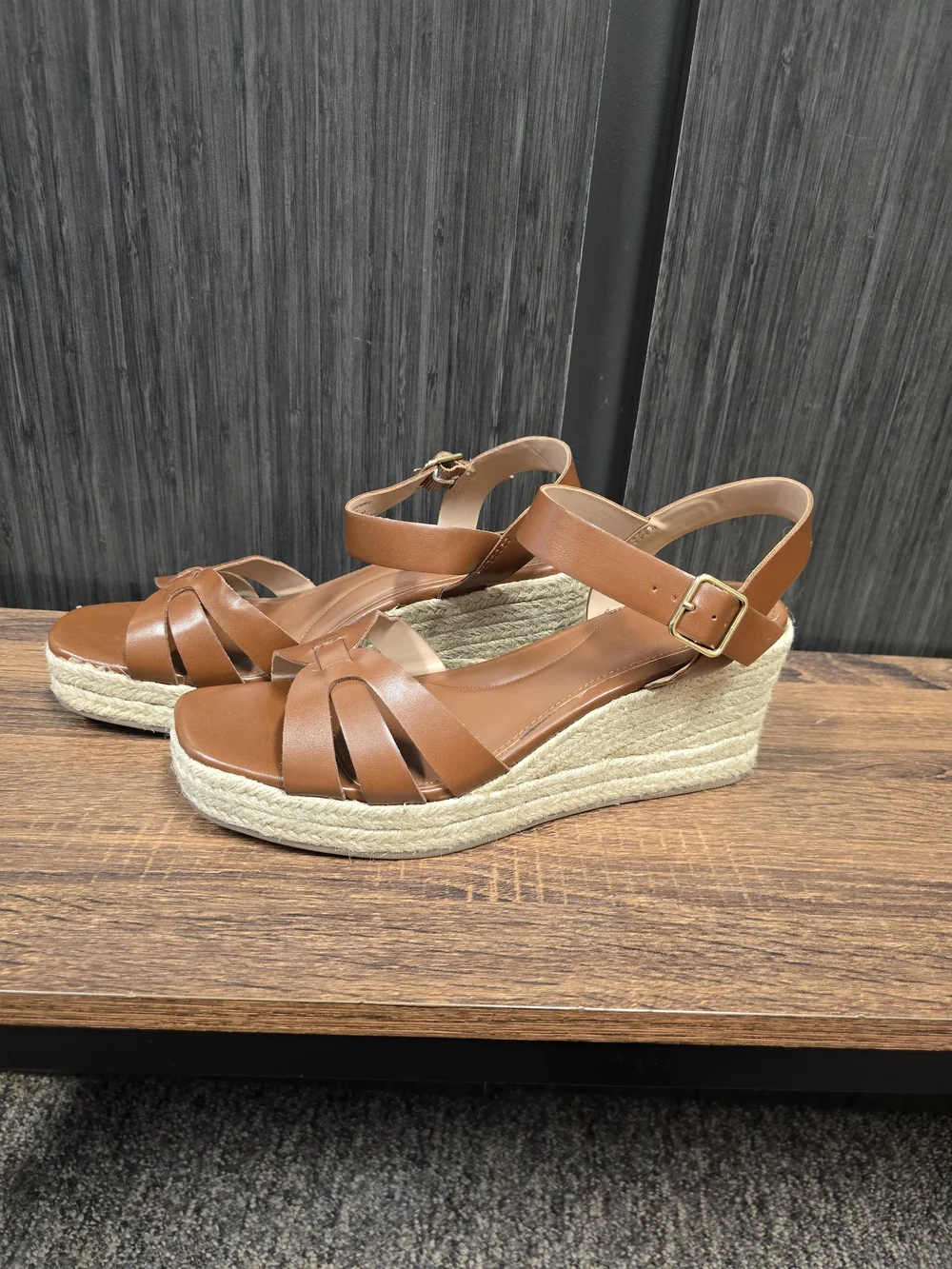Time and Tru Women's Cognac Espadrille Wedge Sandals Ankle Strap Size 9